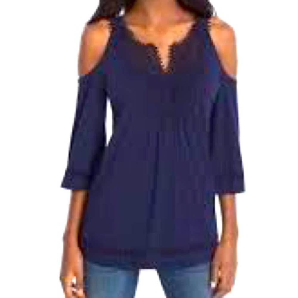 Lace & Flowy Top. Easy Pretty look. Navy blue V-neck open-shoulder laced top.
